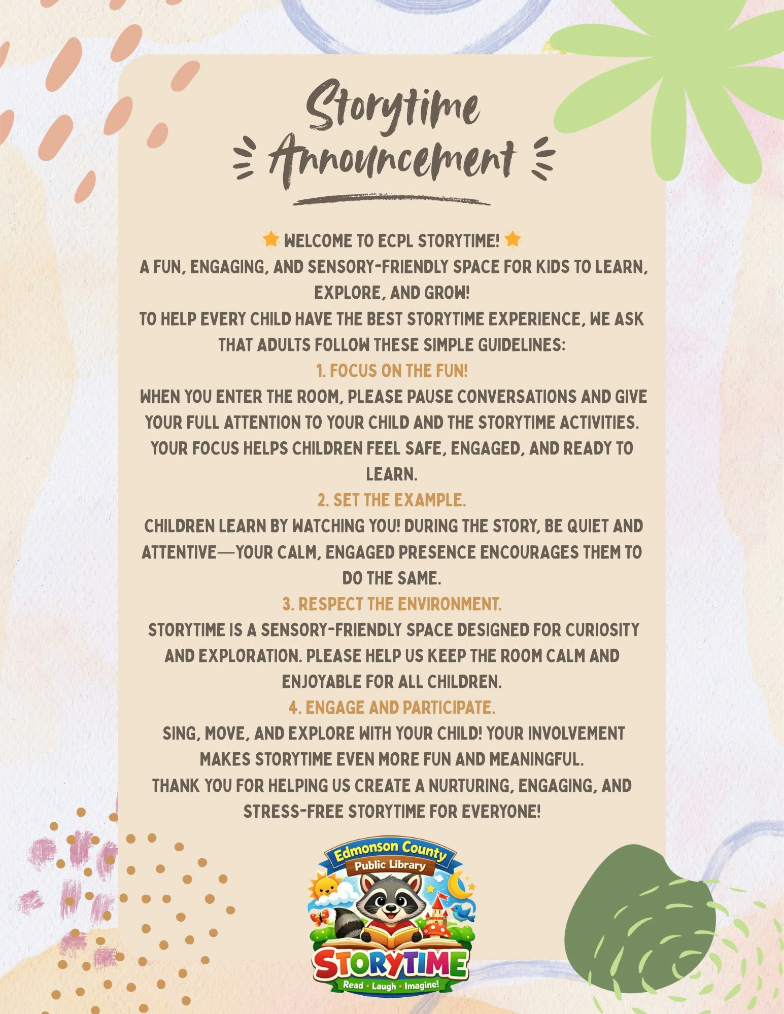 A welcoming announcement for ECPL Storytime, outlining guidelines for a fun, engaging, sensory-friendly experience for children.