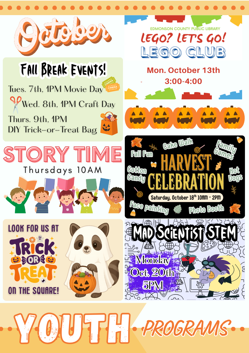 October events: Fall Break, LEGO Club, Story Time, Harvest Celebration, Trick-or-Treat, Mad Scientist STEM, Youth Programs.