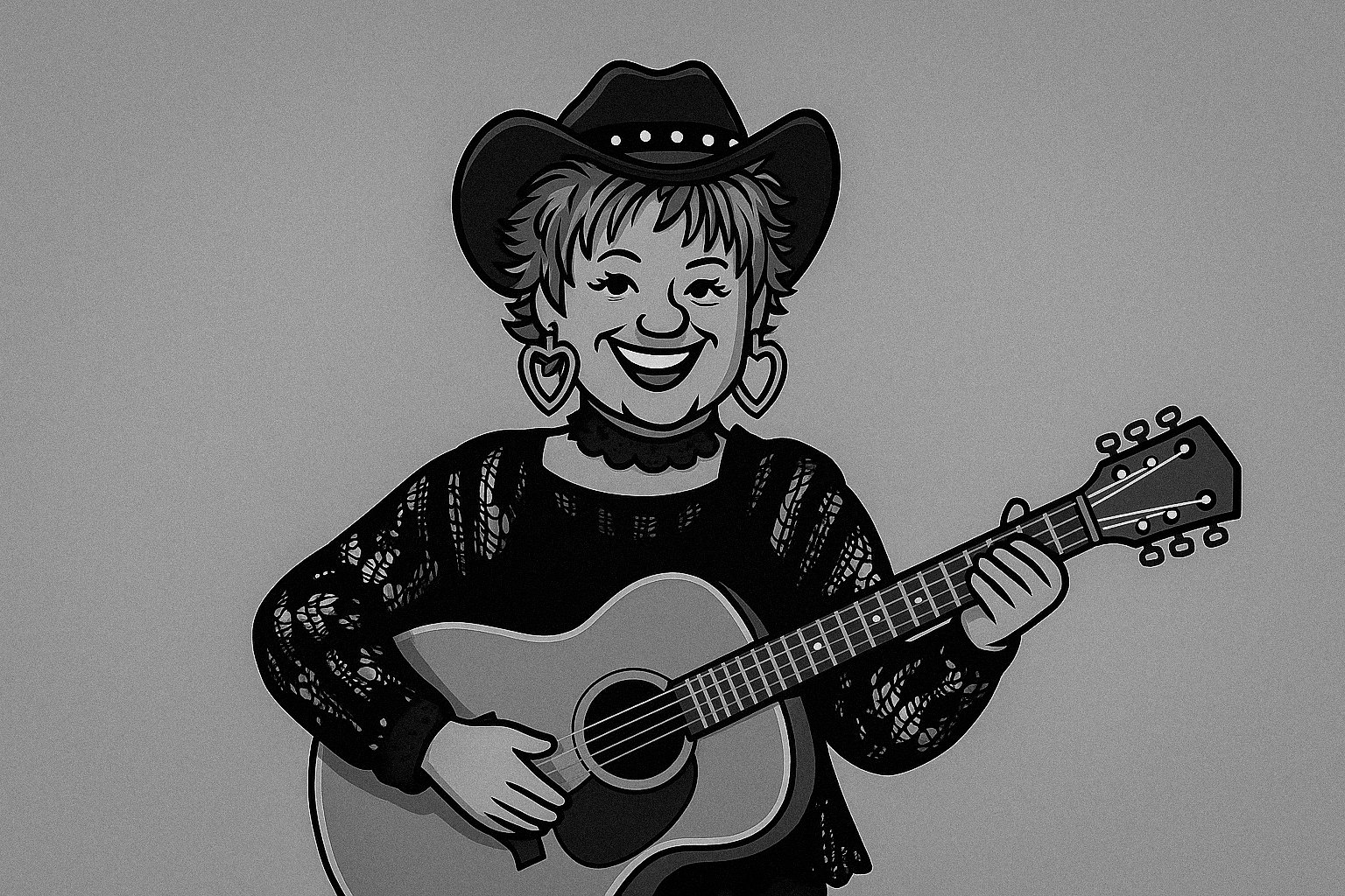 Cartoon woman in a cowboy hat playing a guitar, smiling.