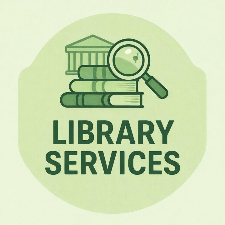 Green Icon with Stack of books and magnifying glass with the wording "Library Services" underneath