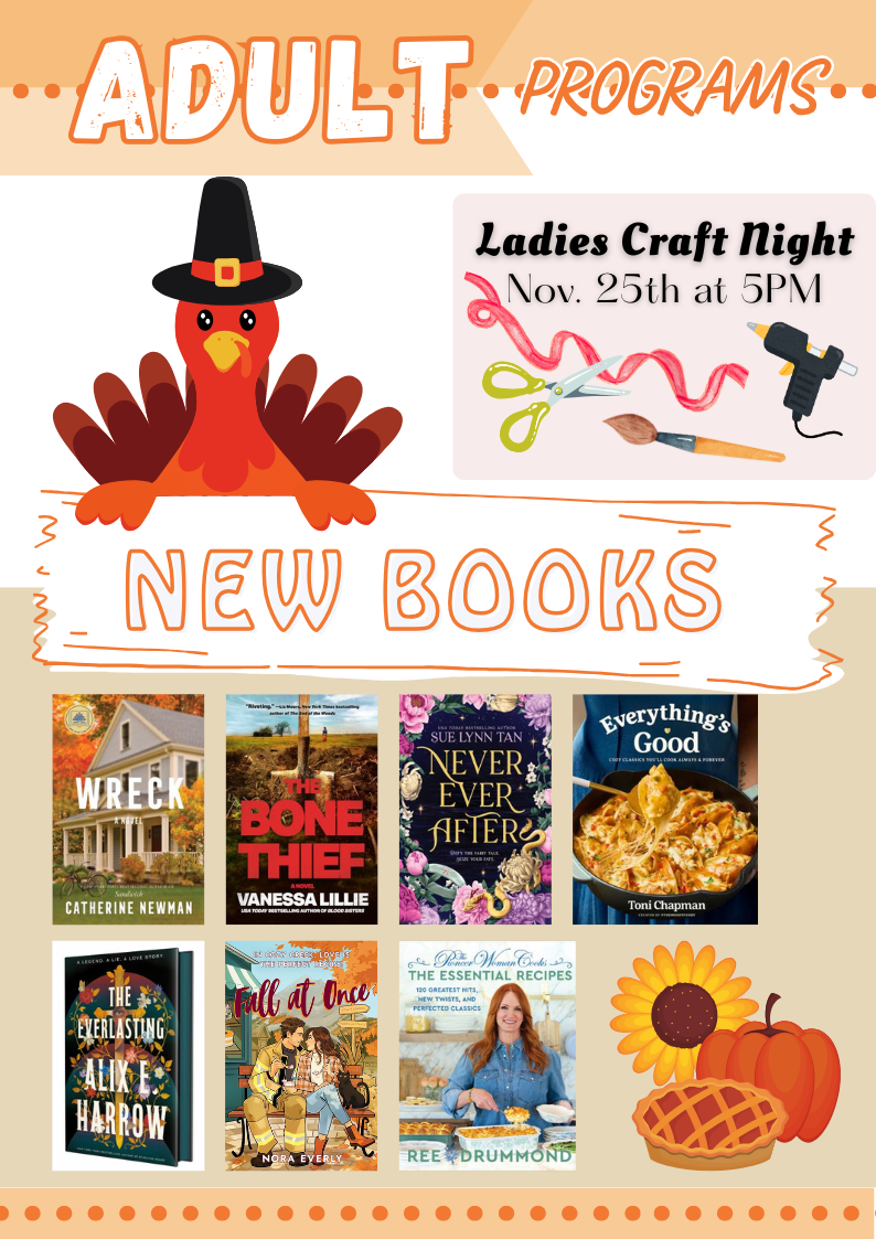 Turkey-themed "Adult Programs" flyer with new books and a Ladies Craft Night on Nov. 25th at 5 PM.