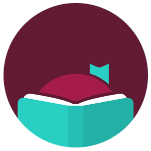 Icon of an open book with a bookmark, within a maroon circle background.