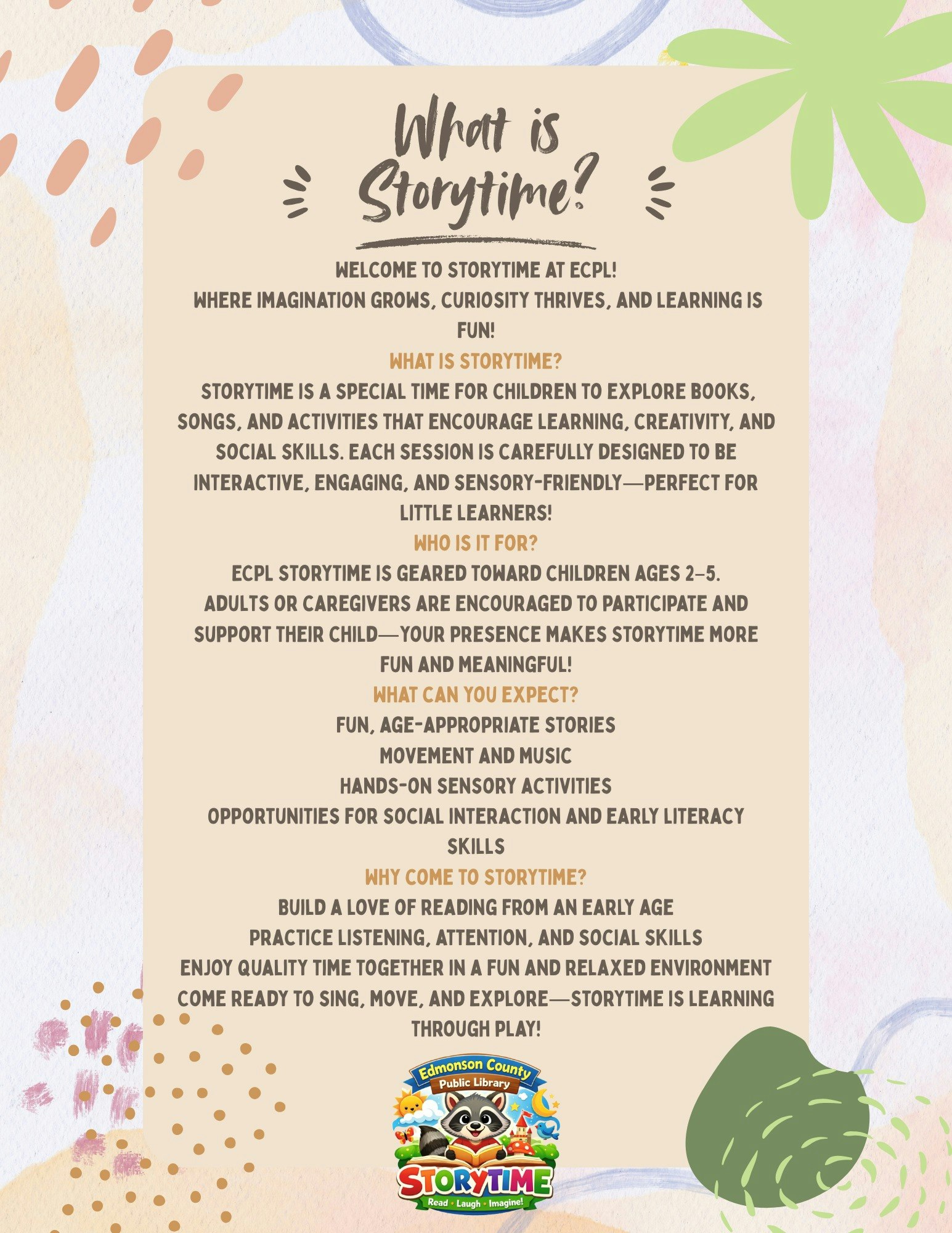 The image promotes ECPL's Storytime program for children ages 2-5, focusing on fun activities that boost learning and social skills.