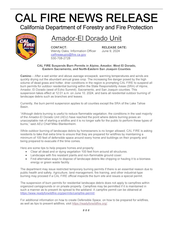 A CAL FIRE news release announcing the suspension of burn permits due to heightened fire danger.