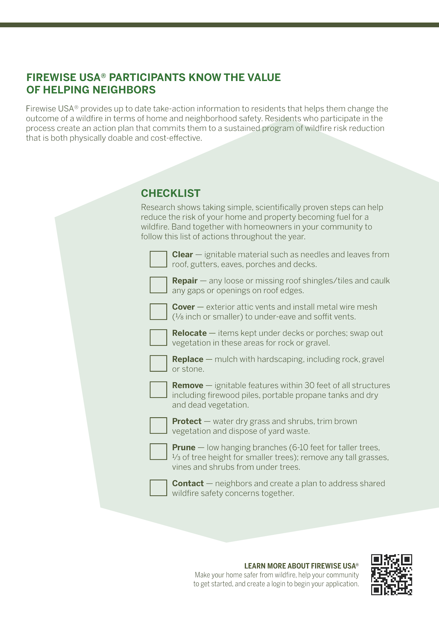 A checklist from Firewise USA® outlining wildfire safety measures for homeowners.