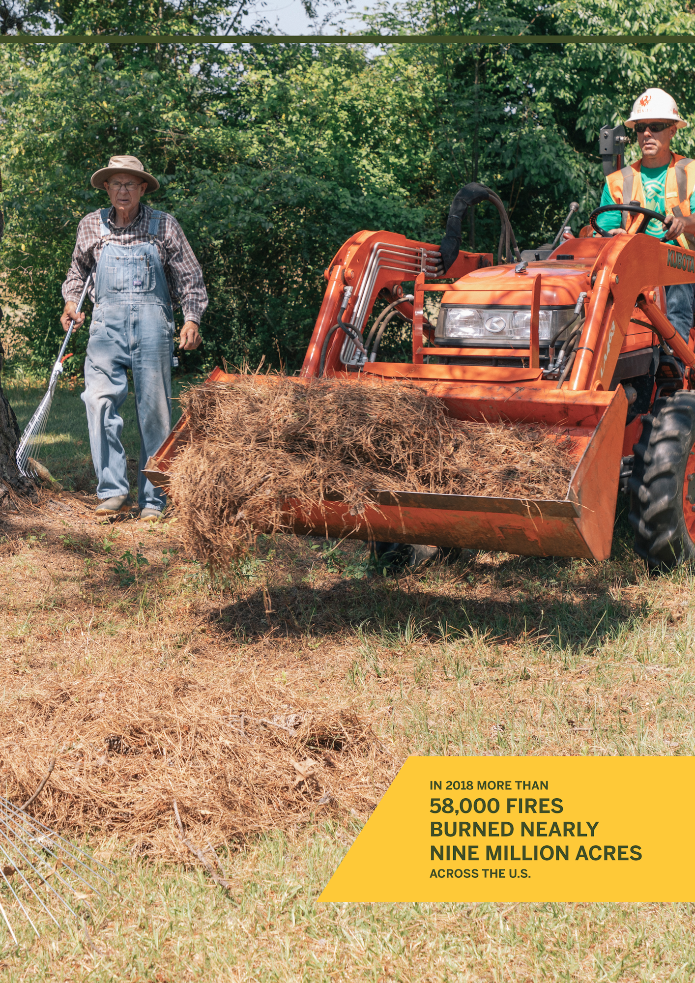 Two workers clearing dry vegetation: one is using a rake, and the other operates an orange tractor with a front loader full of dried brush. A yellow text box in the lower corner reads: “In one recent year, 58,000 fires burned nearly nine million acres across the U.S.”