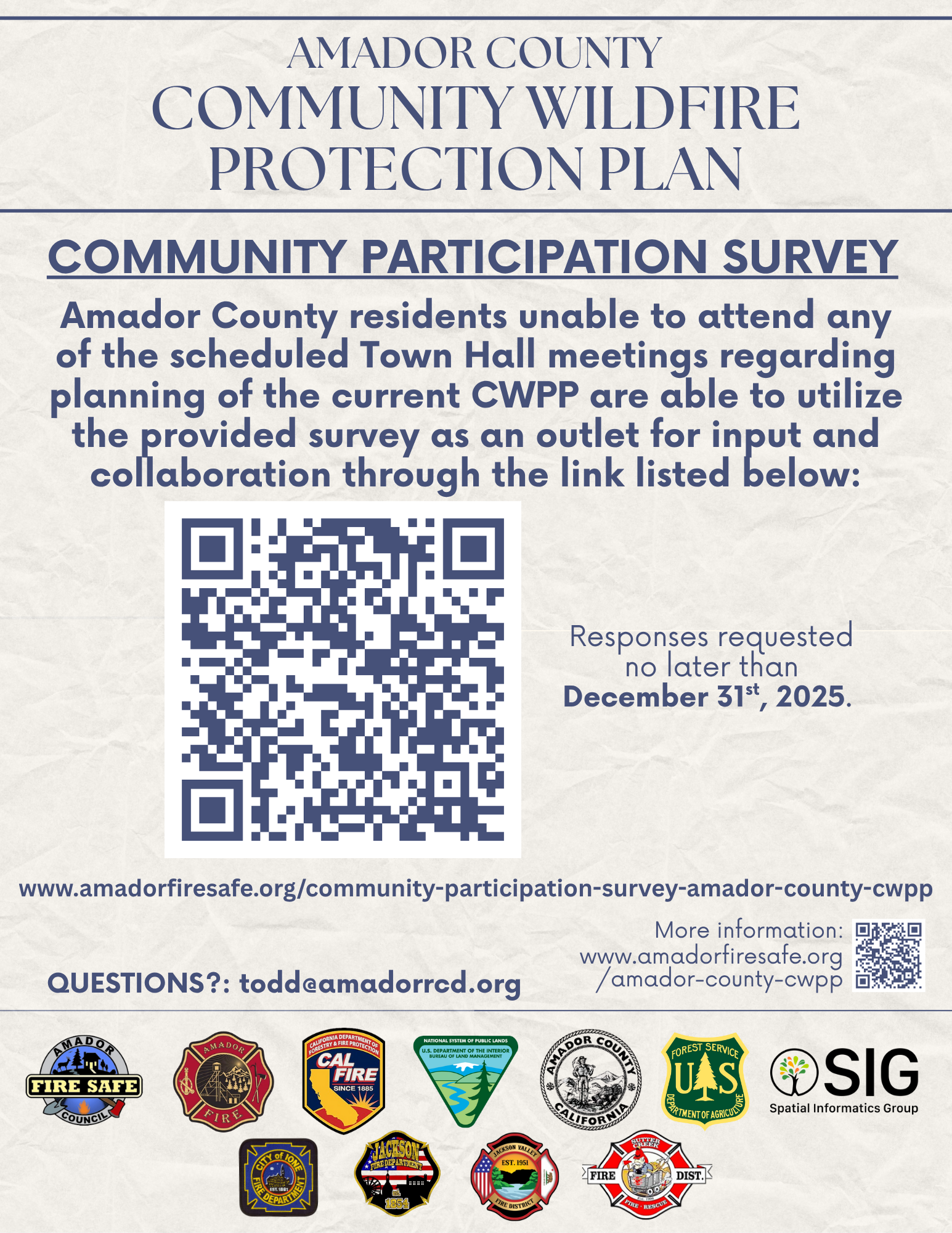 Amador County Community Wildfire Protection Plan survey for residents, with QR code and response deadline by December 31, 2025.
