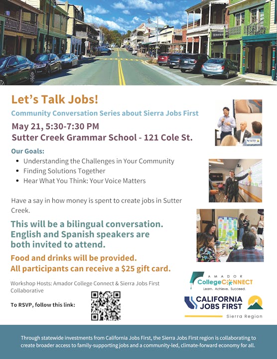 Flyer for a community conversation about creating jobs, bilingual, with incentives to attend, and a QR code to RSVP.