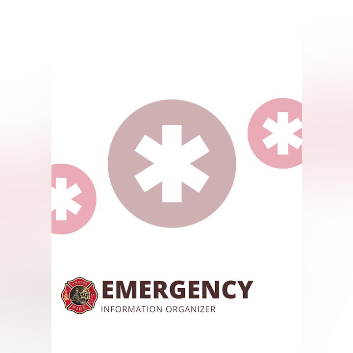 Emergency information organizer cover with star symbols and fire department logo.
