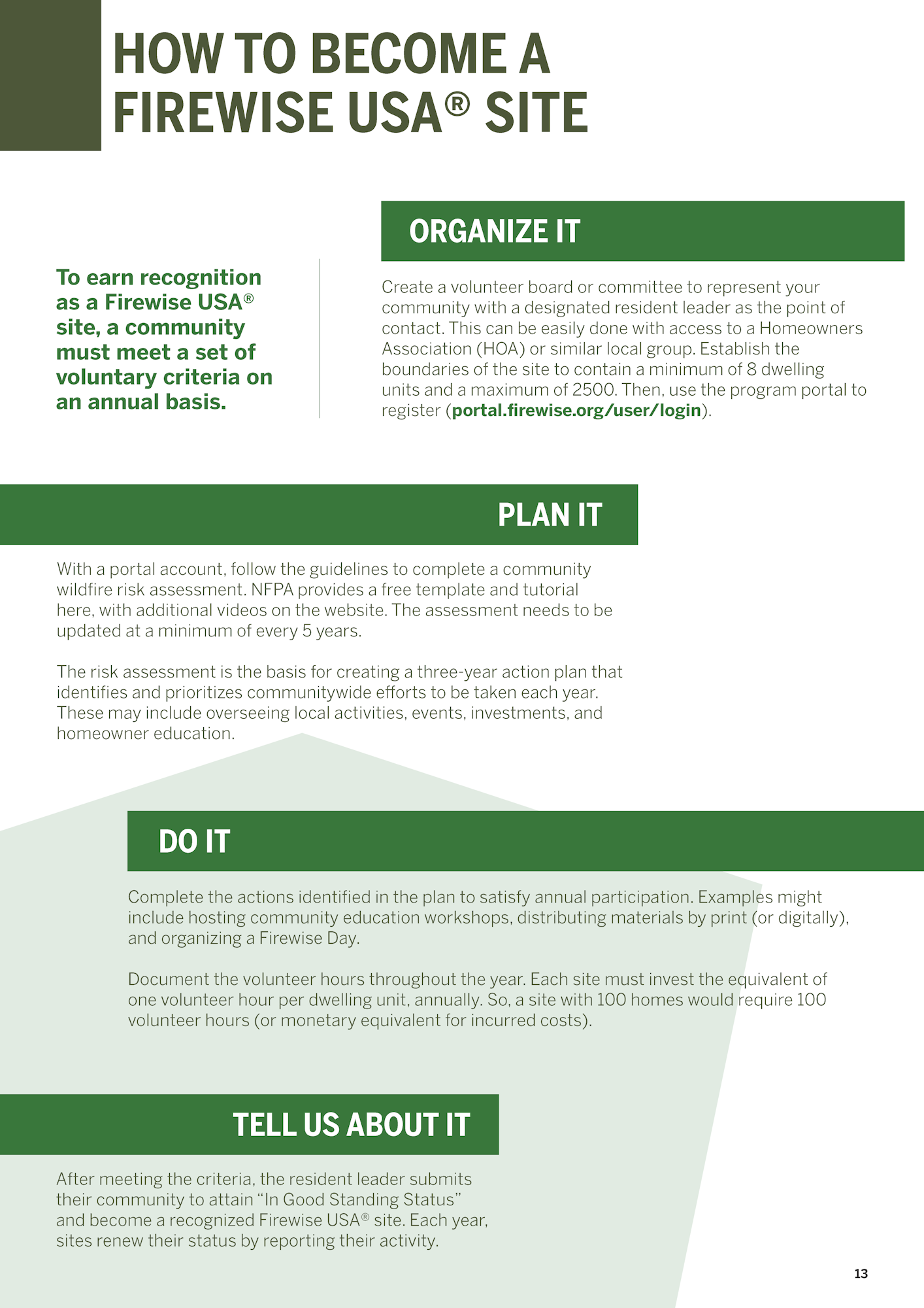 An informational guide on becoming a Firewise USA® site, including steps: Organize, Plan, Do it, and Tell us about it.