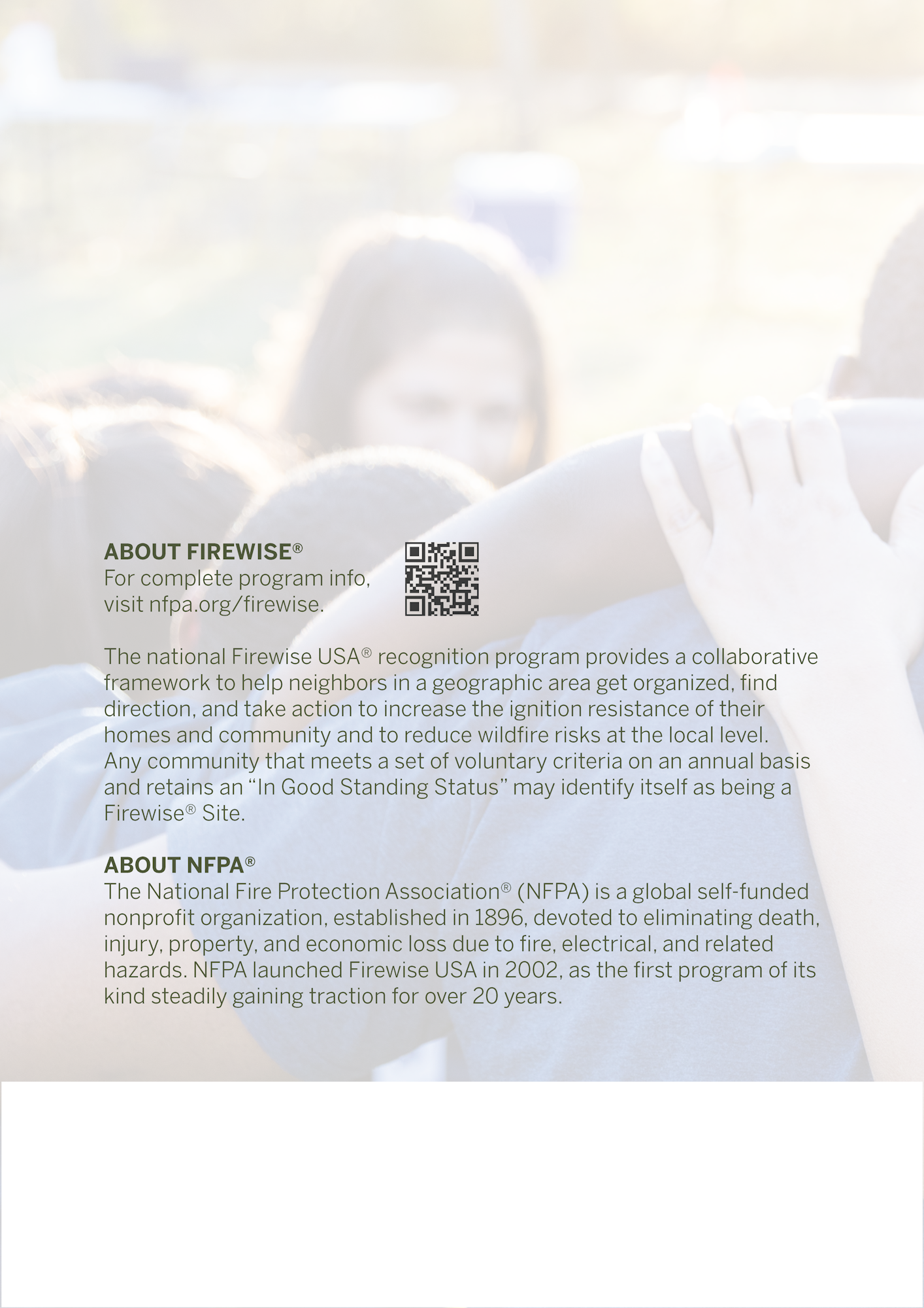 An informational poster about Firewise and NFPA programs, with a QR code and a background of people huddled together.