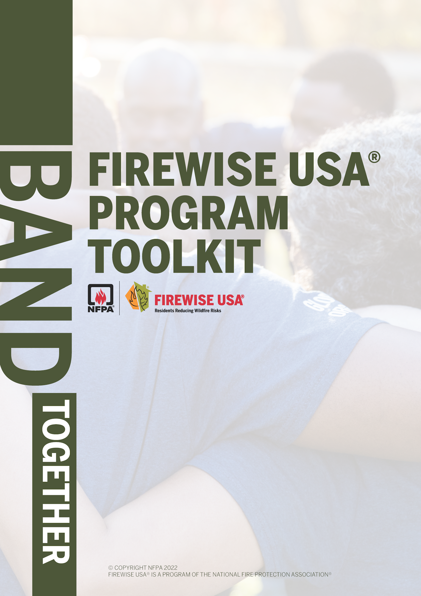 A cover page for the Firewise USA Program Toolkit by the National Fire Protection Association, with a group of people in the background.