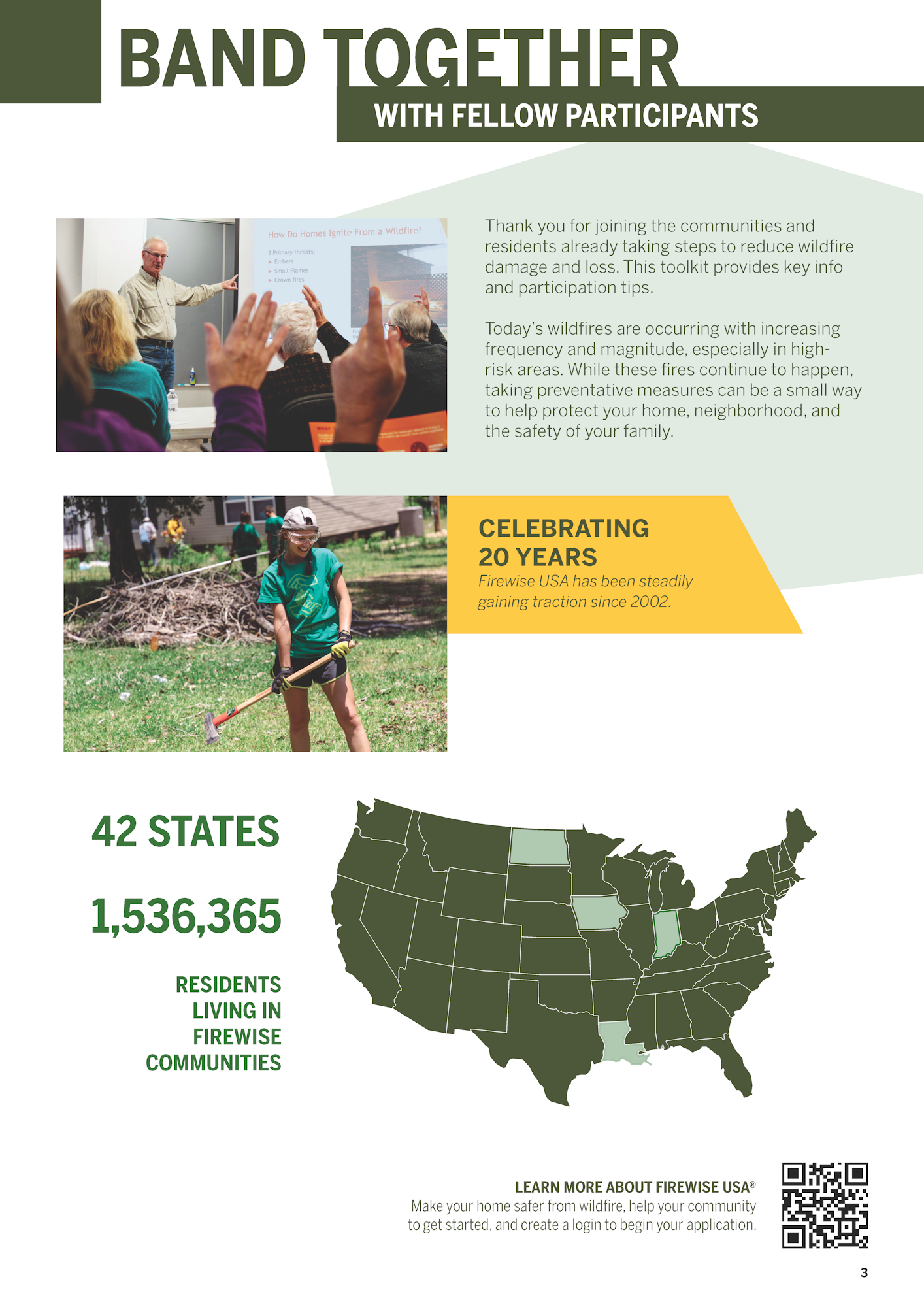 An informational flyer on wildfire community preparedness, celebrating 20 years of Firewise USA with stats and photos of participants.