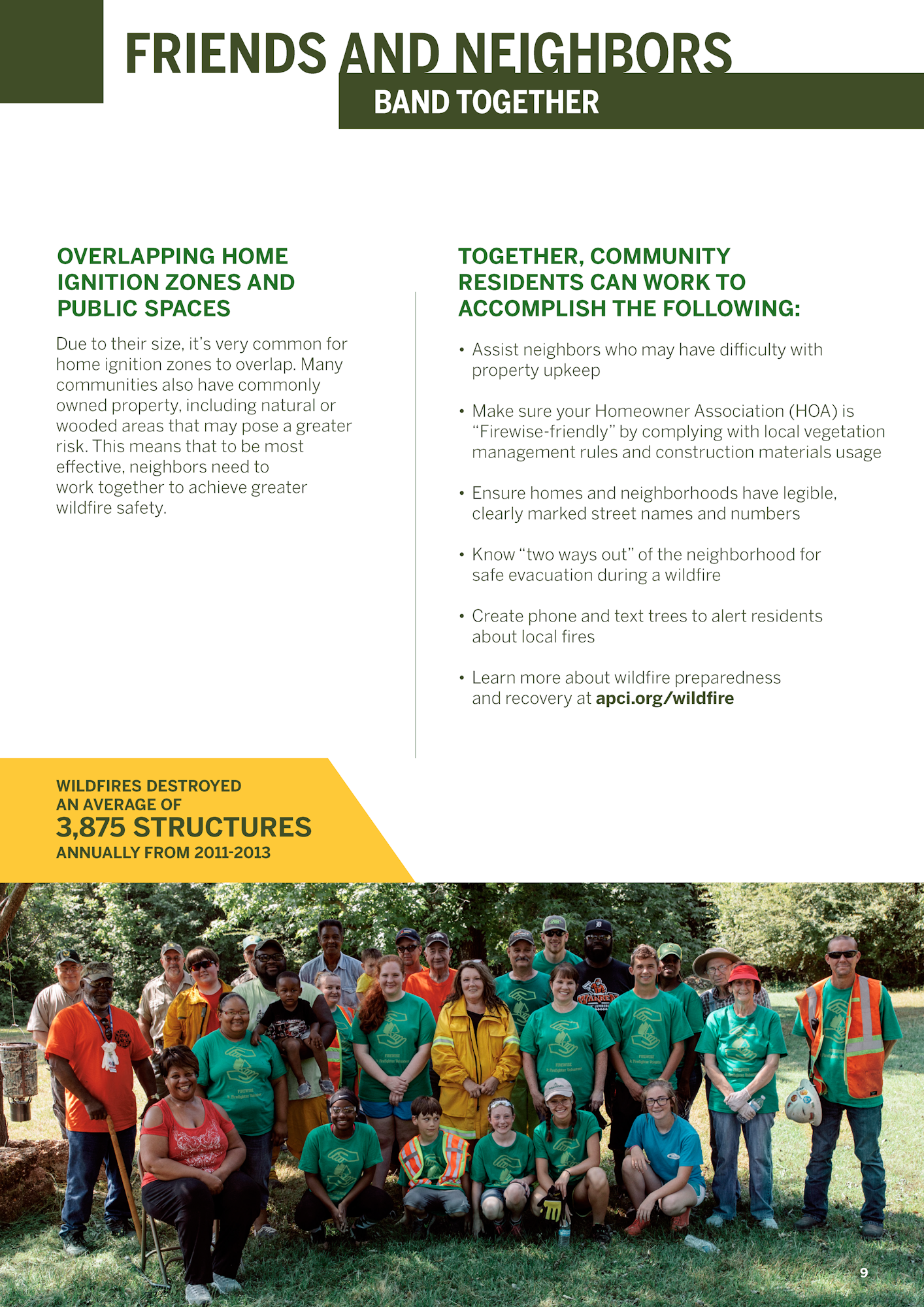 An educational poster on wildfire safety with text and a group of people wearing safety gear.