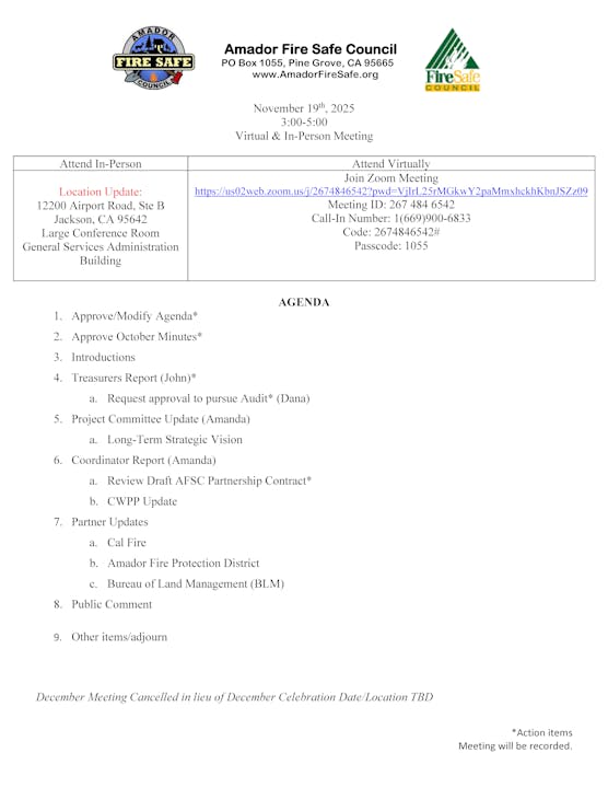 Amador Fire Safe Council meeting agenda for November 19, 2025, with both in-person and virtual options.