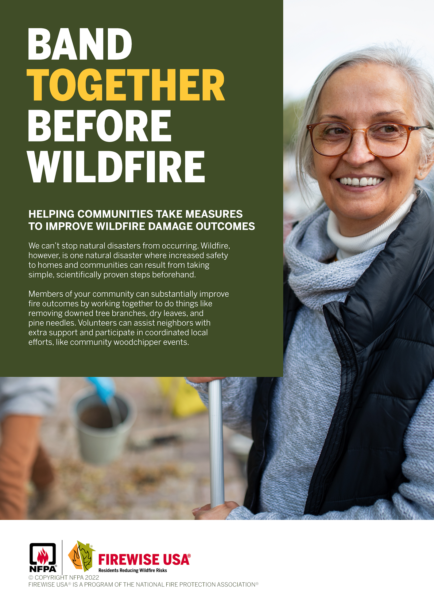 A poster encouraging community action to mitigate wildfire damage, featuring text and a smiling woman.
