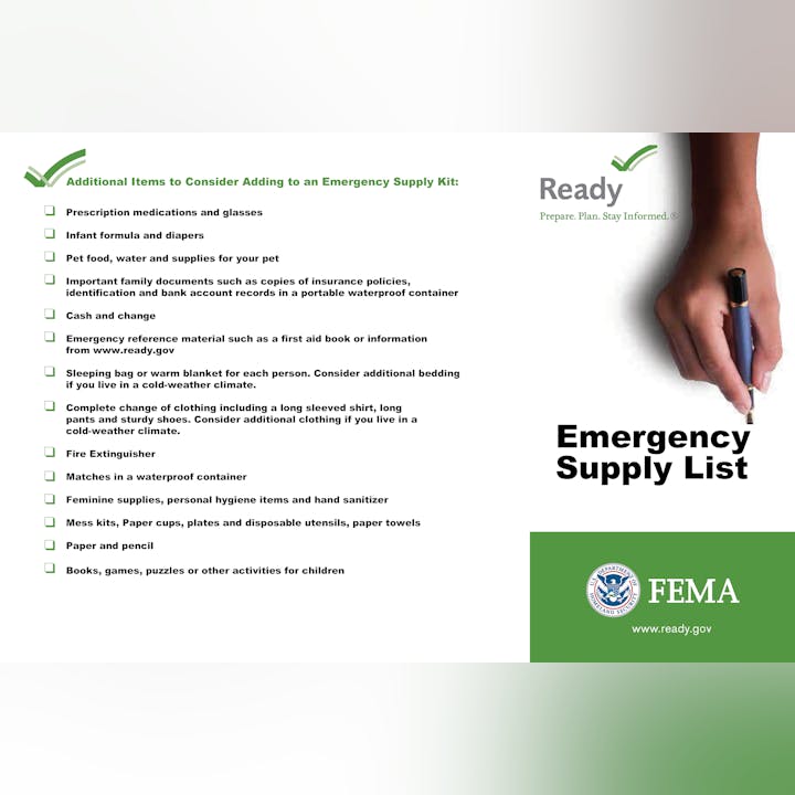 Emergency Supply List with items like medication, infant formula, pet supplies, documents, clothing, extinguisher, and more. Visit ready.gov.