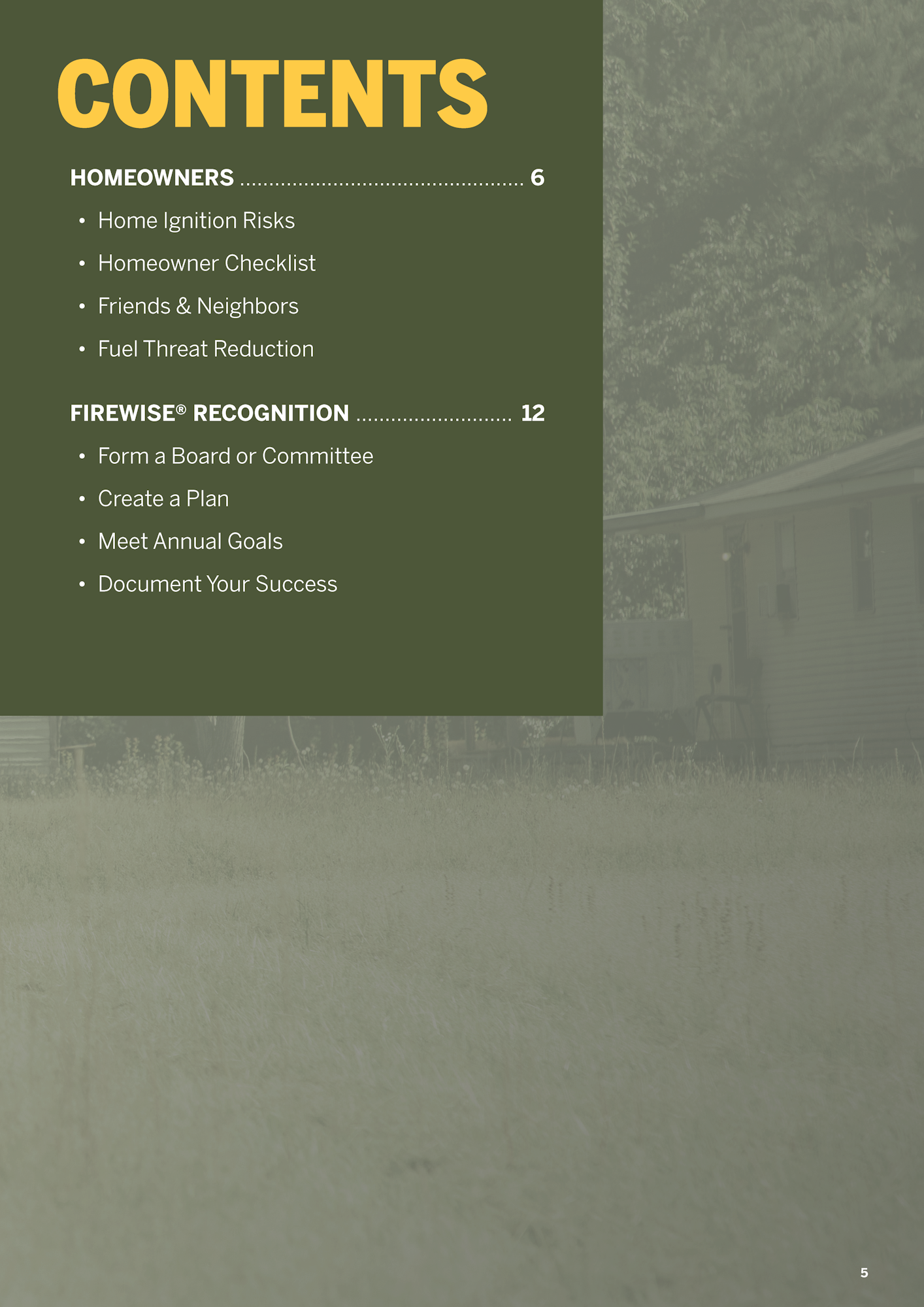 Contents page of a homeowner's guide discussing ignition risks, checklists, neighbor relations, fuel threat reduction, and FIREWISE® recognition.