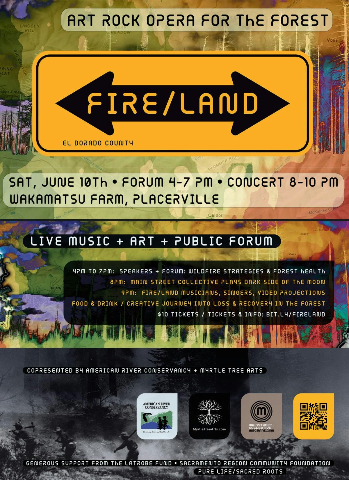 Event promoting "Fire/Land," an art rock opera in Placerville with forums, music, and discussions on wildfire strategies. $10 tickets.
