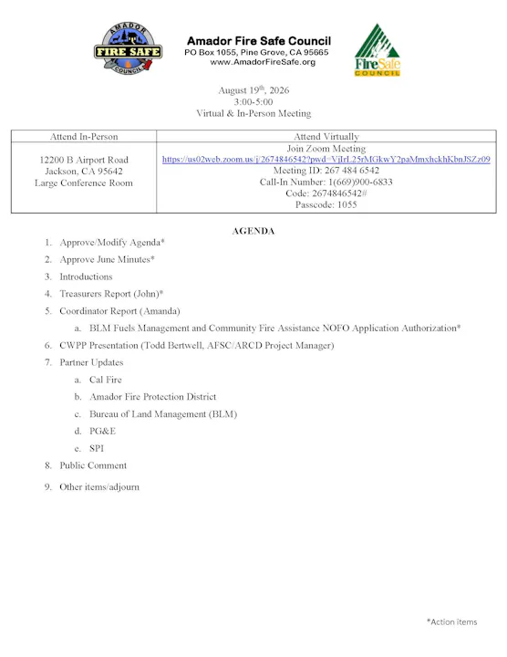 Image of Agenda for Amador Fire Safe Council meeting on Aug 19, 2026