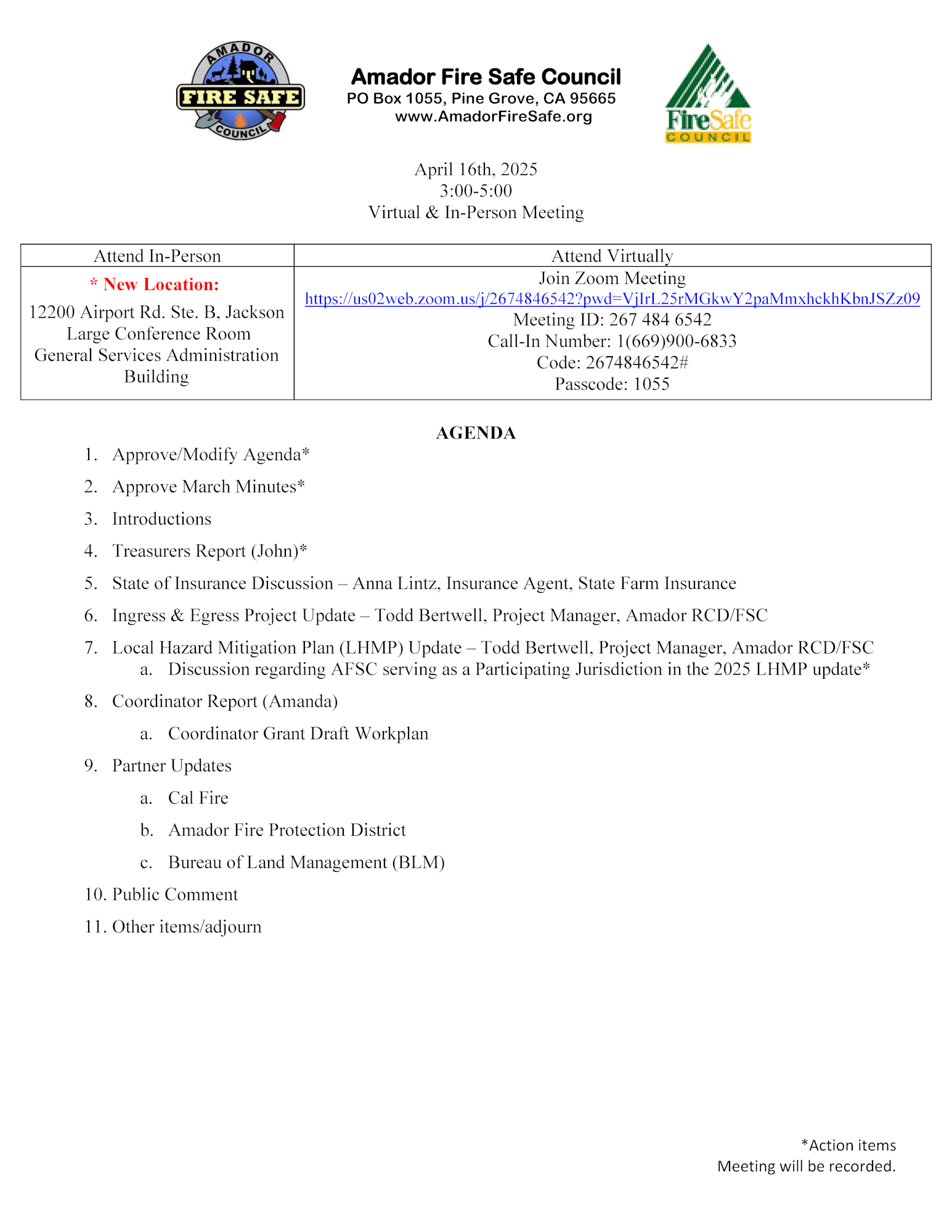 Amador Fire Safe Council meeting agenda for April 16, 2025, 3-5 PM. Includes in-person and virtual attendance details.