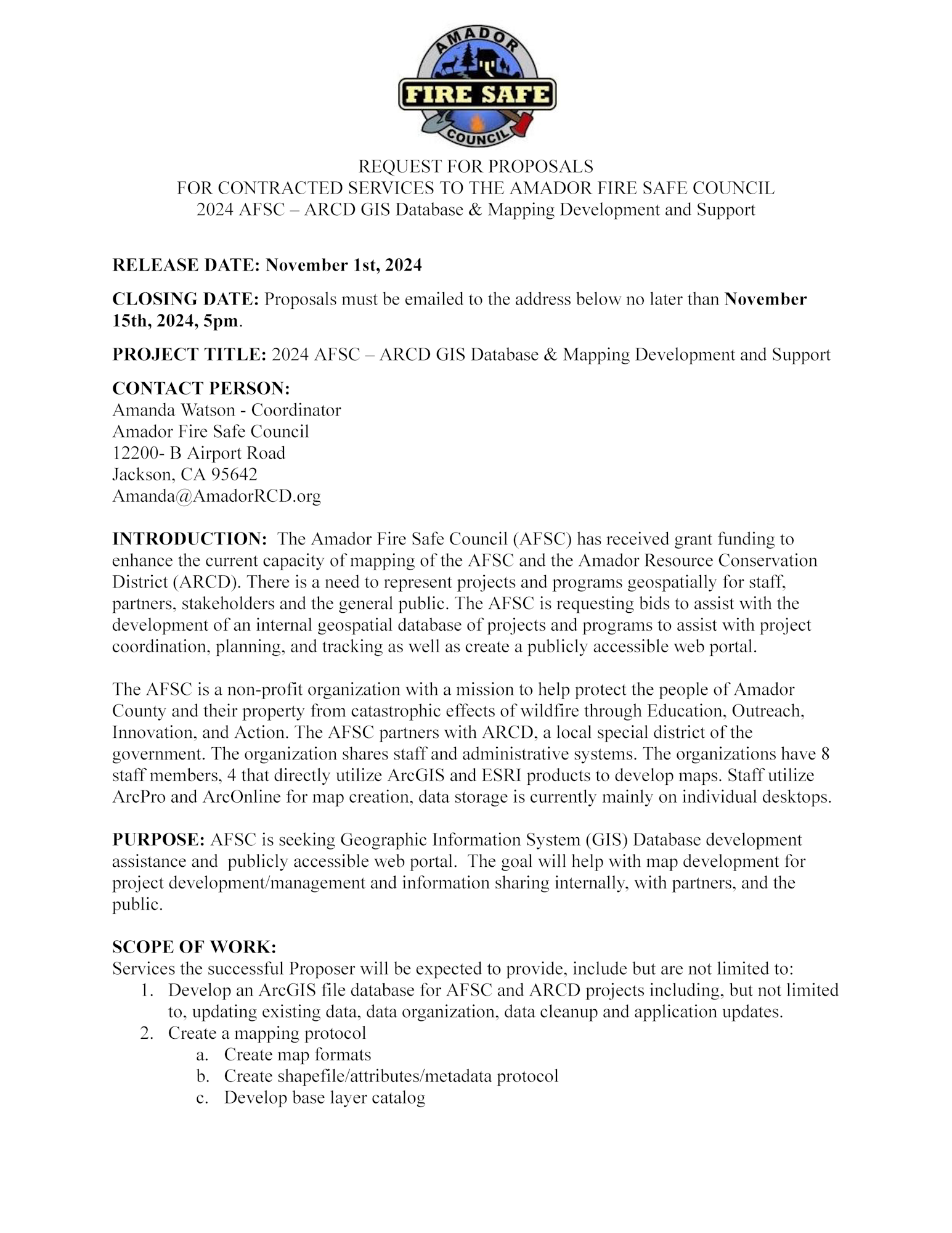 Document: Request for Proposals for GIS database & mapping services by Amador Fire Safe Council, due Nov 15, 2024.