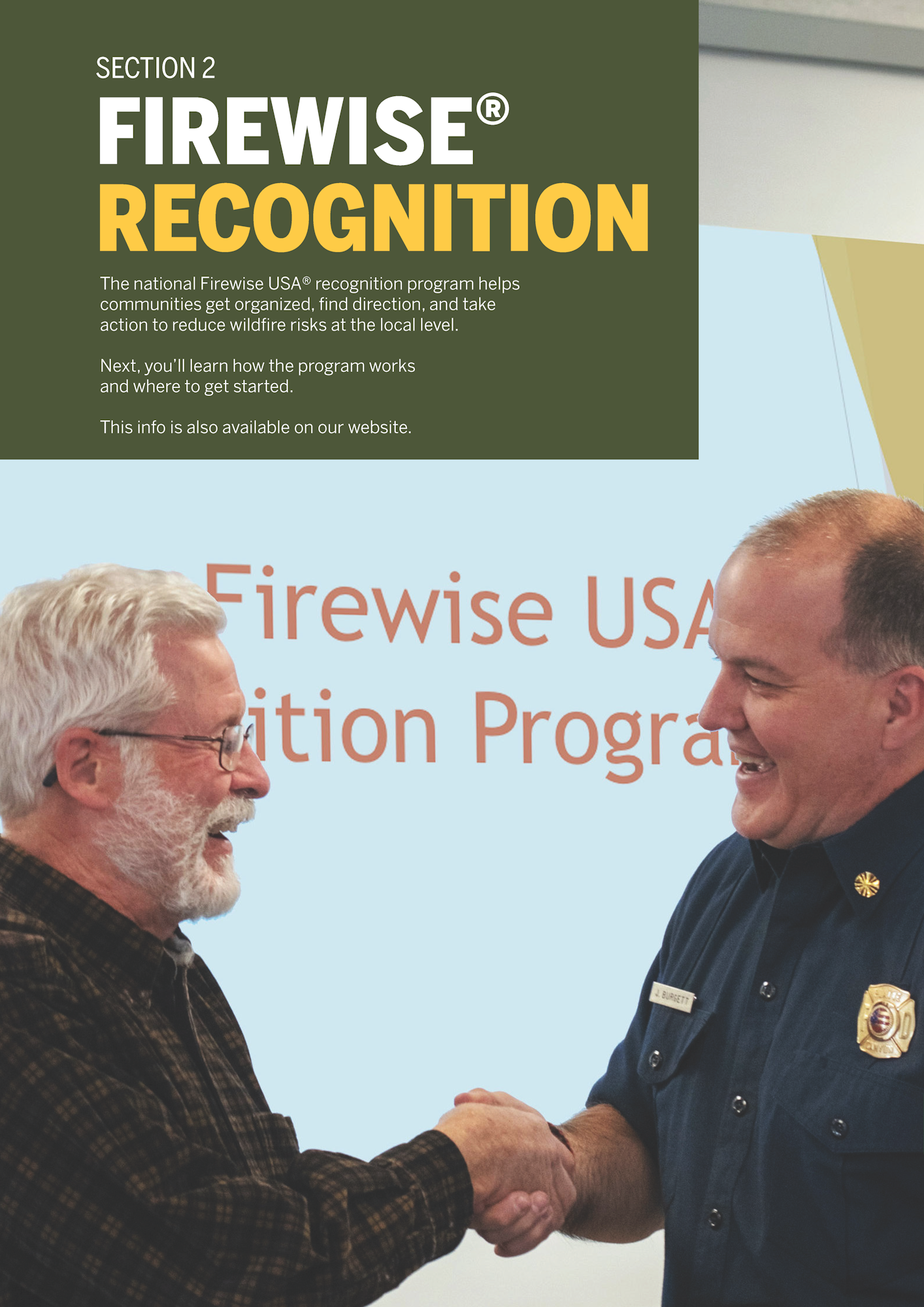 Two men shaking hands, one in a uniform, with text about Firewise Recognition, a community wildfire prevention program.