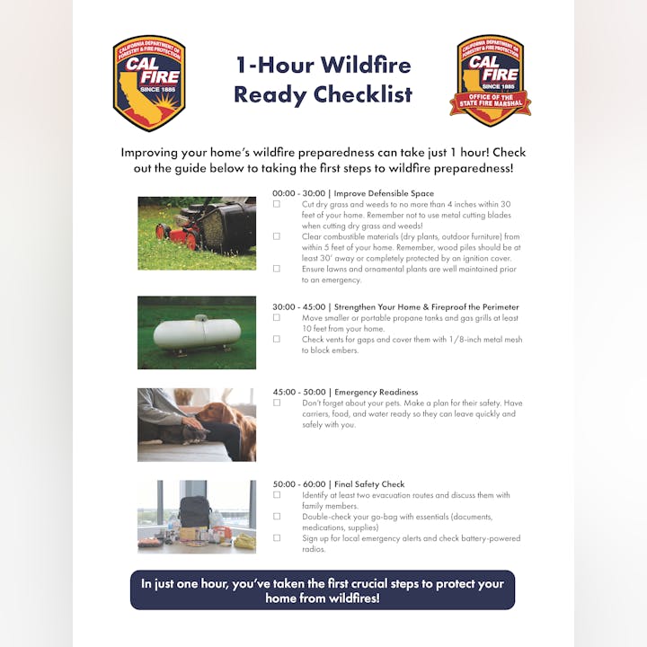 A 1-hour wildfire readiness checklist from CAL FIRE, detailing steps for improving defensible space and emergency preparedness.