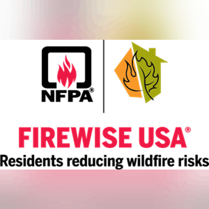 Firewise USA logo with a flame symbol and a house with a leaf and flame design.