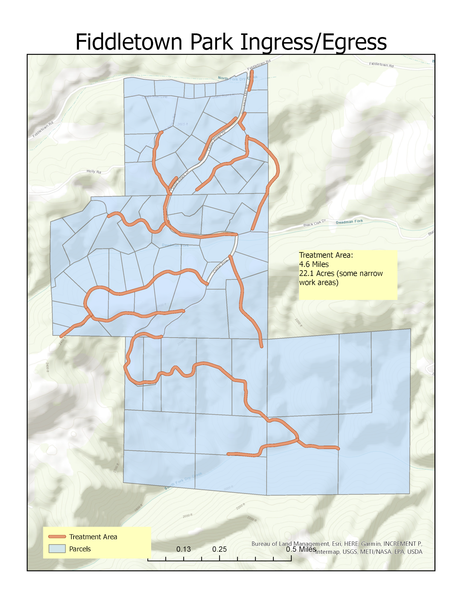 A map showing Fiddlestown Park access routes with a designated treatment area and land parcels.