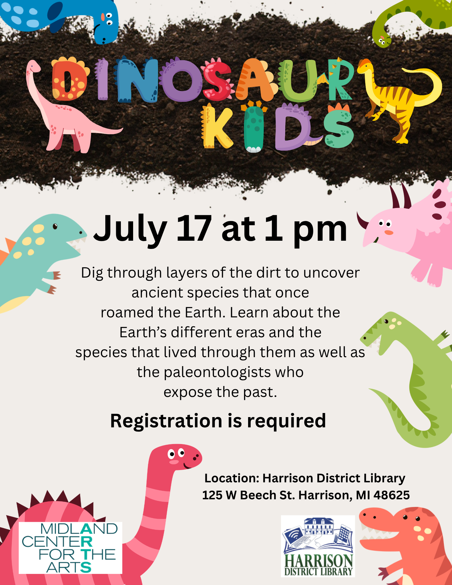 Join the "Dinosaur Kids" event on July 17 at 1 PM at Harrison District Library. Registration required! Explore ancient species!