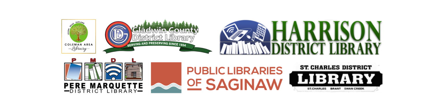 Logos of several district libraries: Coleman, Gladwin, Harrison, Pere Marquette, Saginaw, and St. Charles.