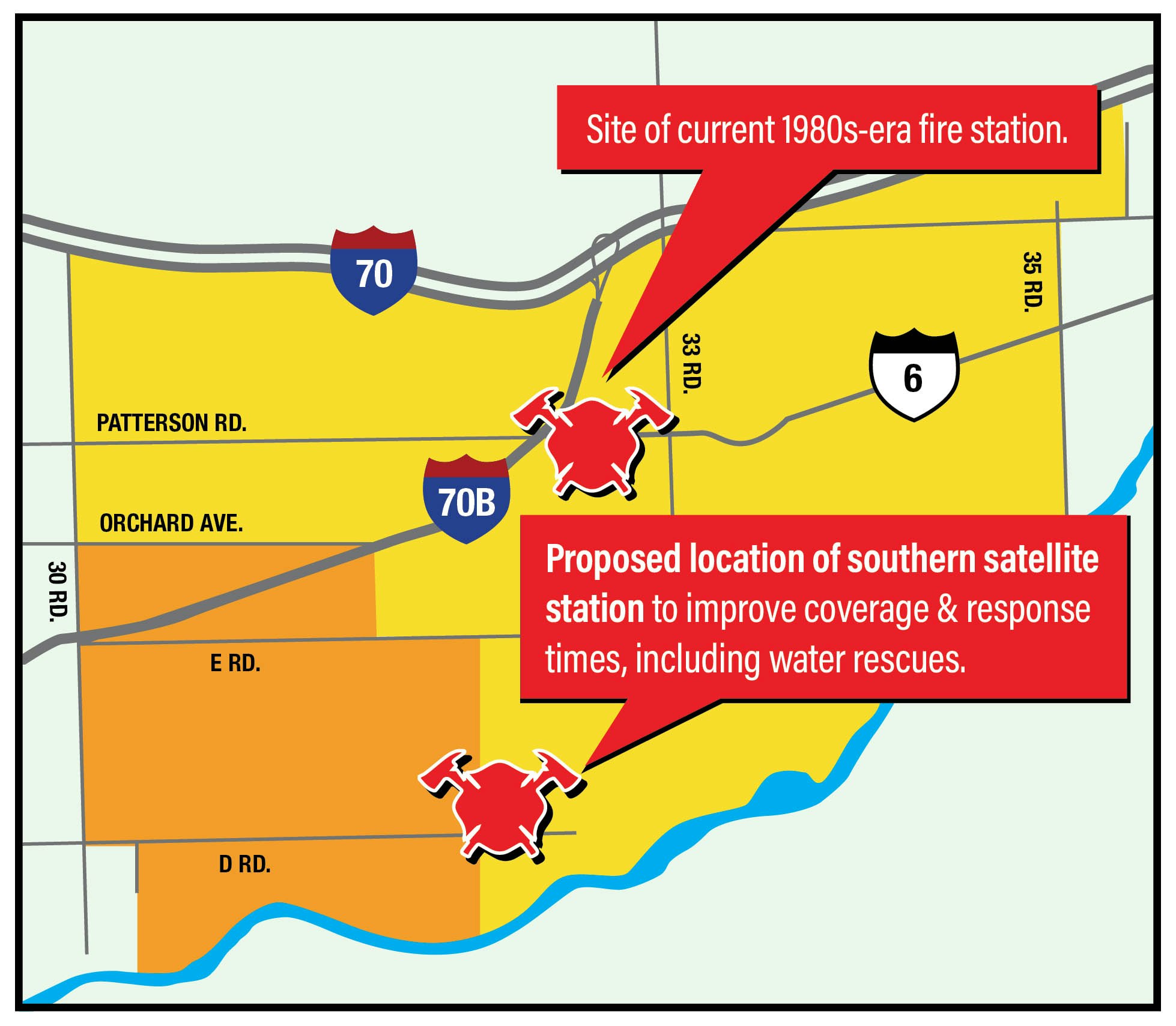 Map showing current fire station and proposed southern satellite station location to improve coverage and response times.
