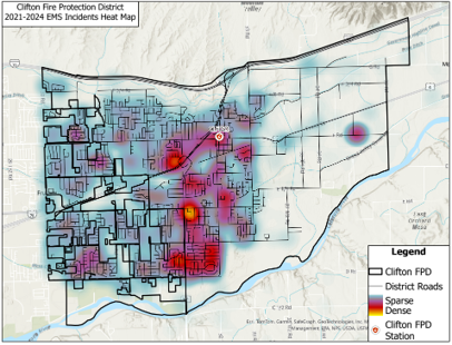 Heat map of Clifton Fire Protection District EMS incidents from 2021-2024; red indicates high density areas.