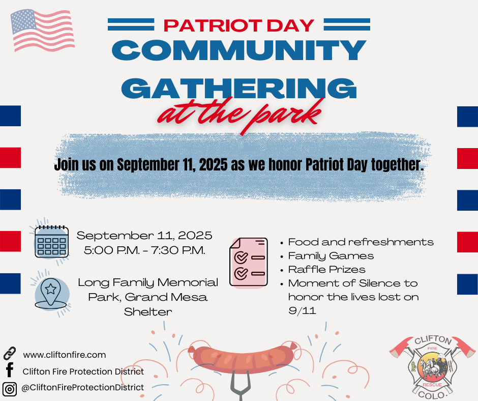 Community gathering on Patriot Day, September 11, 2025, at Long Family Memorial Park. Food, games, prizes, and a moment of silence.
