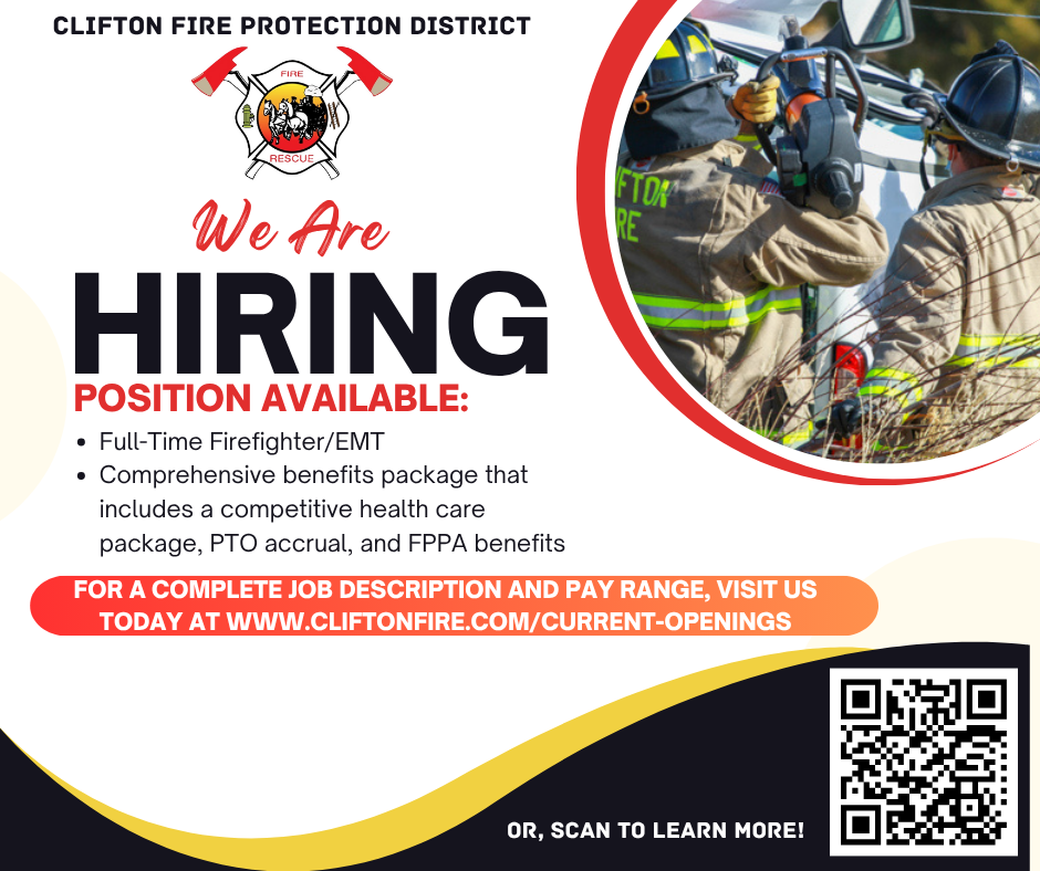 Clifton Fire Protection District is hiring a Full-Time Firefighter/EMT with benefits. Visit the provided link or scan the QR code to learn more.