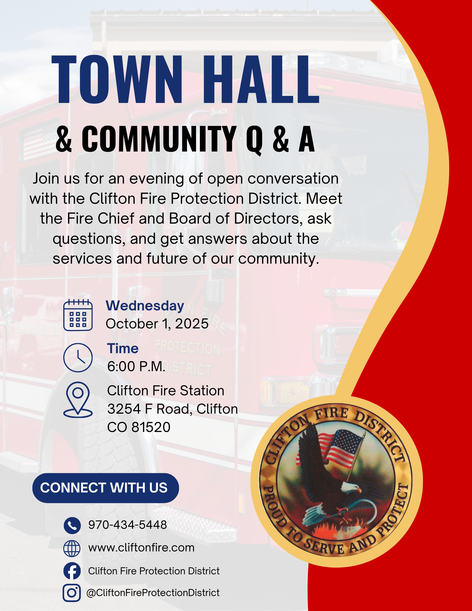 Town Hall & Community Q&A with Clifton Fire Protection on October 1, 2025, at 6 PM. Location: 3254 F Road, Clifton, CO.
