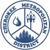 A circular emblem with "Cherokee Metropolitan District" and symbols of fire, trees, and mountains.