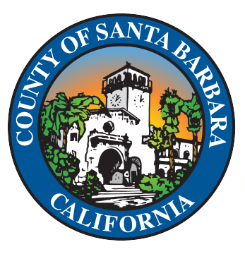 This is the seal of Santa Barbara County, California, featuring architecture and foliage within a blue circular border.