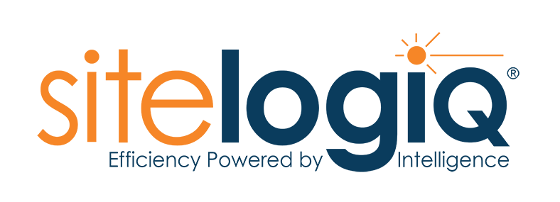 Logo with "sitelogiQ" text, featuring a sun icon over the "Q". Slogan: "Efficiency Powered by Intelligence".