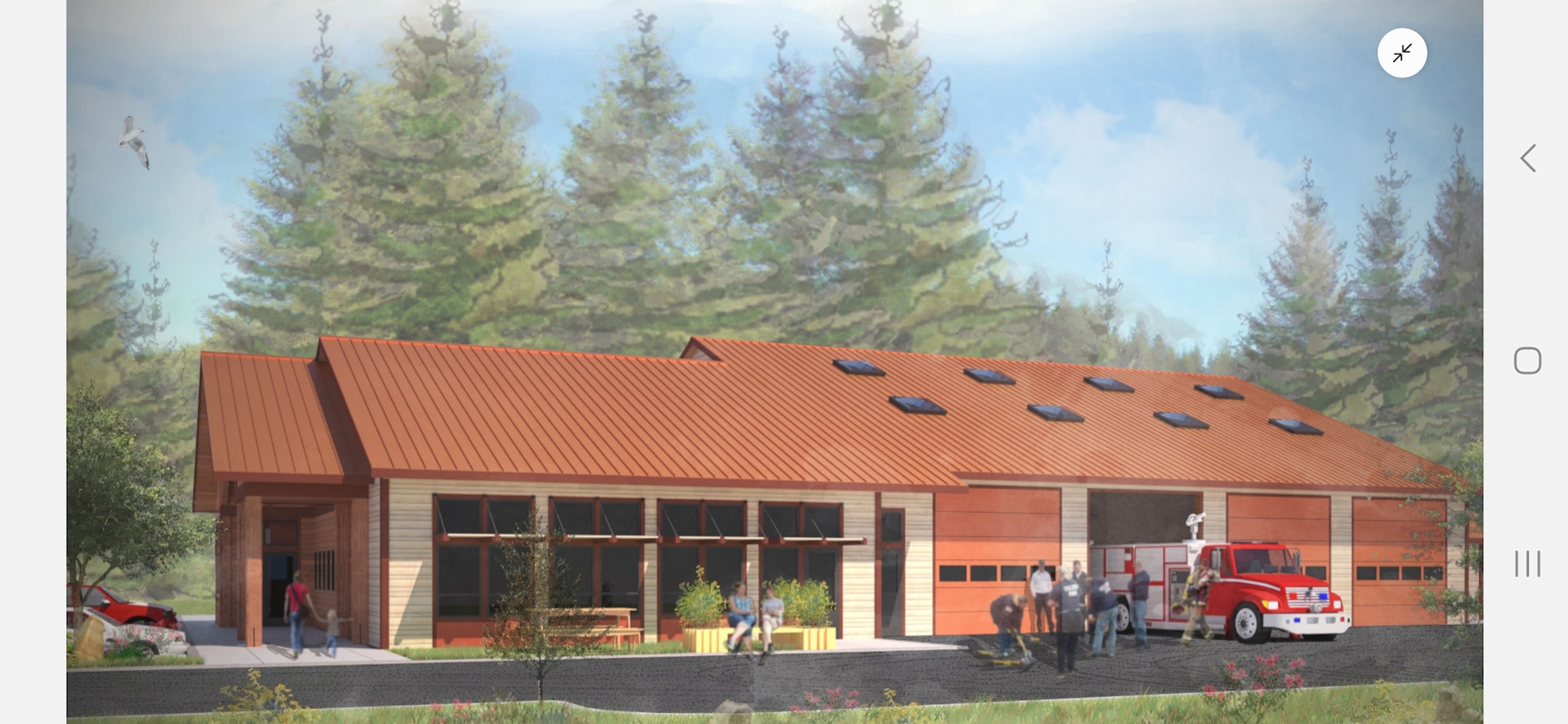 Architectural rendering of a fire station with firefighters, a fire engine, and bystanders in a forested area.