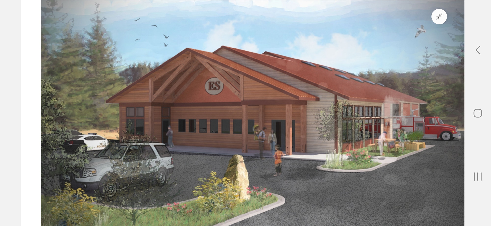 Artistic rendering of a building with a gabled roof, people, a police car, and a firetruck, in a landscaped setting.