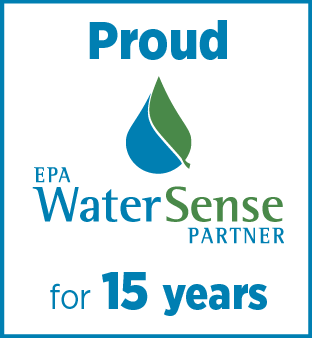 The image displays a badge stating "Proud EPA WaterSense Partner for 15 years" with a blue water droplet logo.