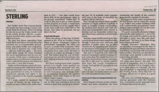 A newspaper article discussing water management issues and proposals in a Colorado county, featuring various perspectives.