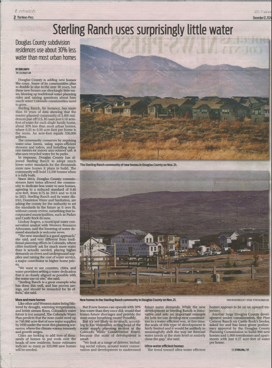 A newspaper article titled "Sterling Ranch uses surprisingly little water" discusses efficient water use in a Douglas County subdivision.