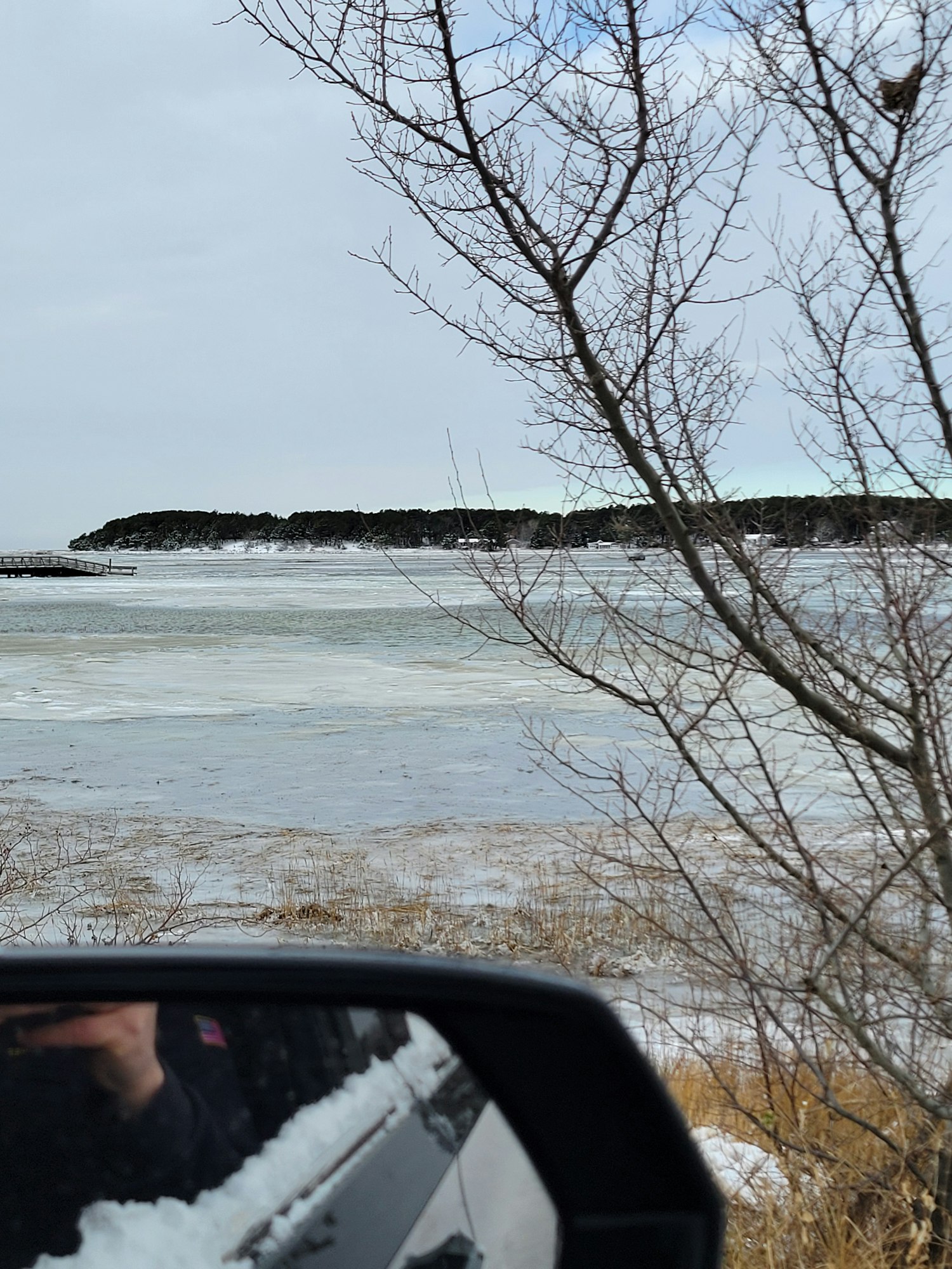 A winter landscape featuring a frozen lake, bare trees, and a cloudy sky, with a reflection in a vehicle mirror.