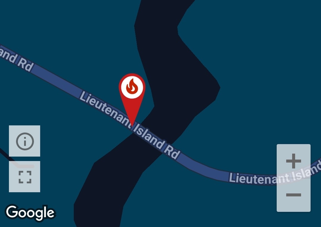 A map showing Lieutenant Island Road with a fire icon marker.