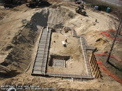 Aerial view of a construction site with foundation work in progress, surrounded by excavators and building materials.