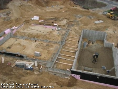 A construction site with foundation work underway, excavation, construction materials, and machinery.
