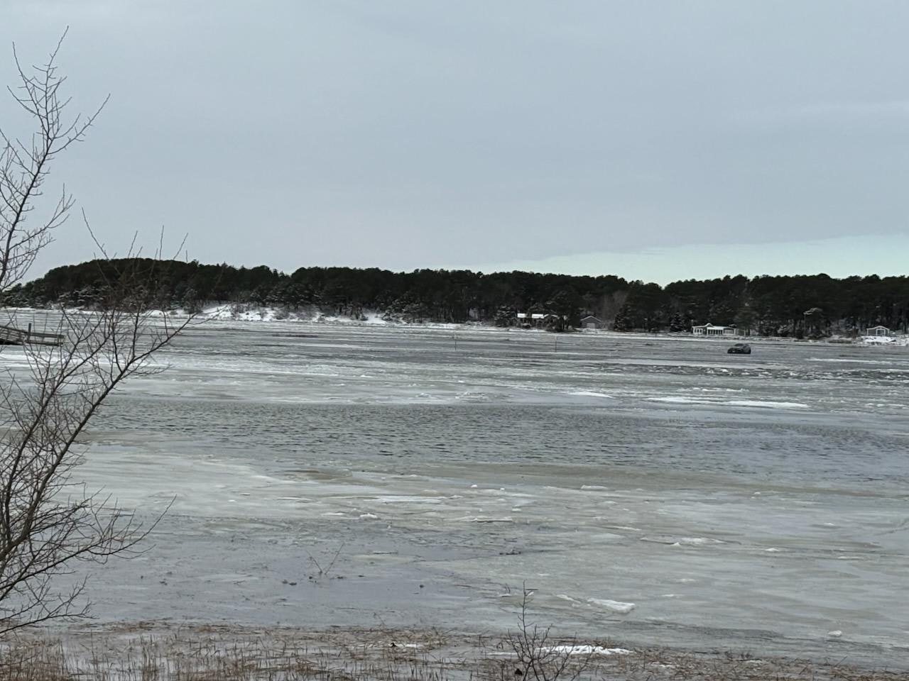 A frozen lake with patches of ice and a distant tree-lined shore under a cloudy sky.